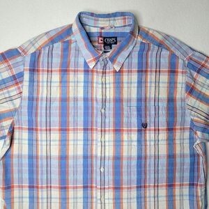 Vintage Chaps Ralph Lauren Button Front Shirt Men's 2XL Blue Plaid Linen Blend